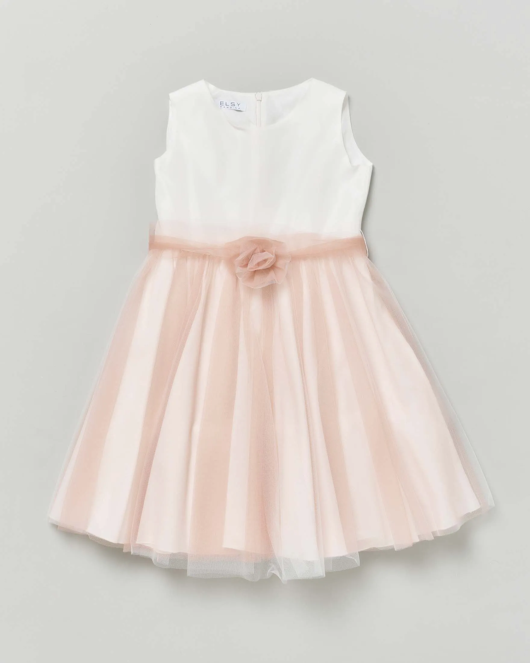 Abito mini bianco senza maniche con tulle cipria e fusciacca in organza cipria con fiore 8 anni