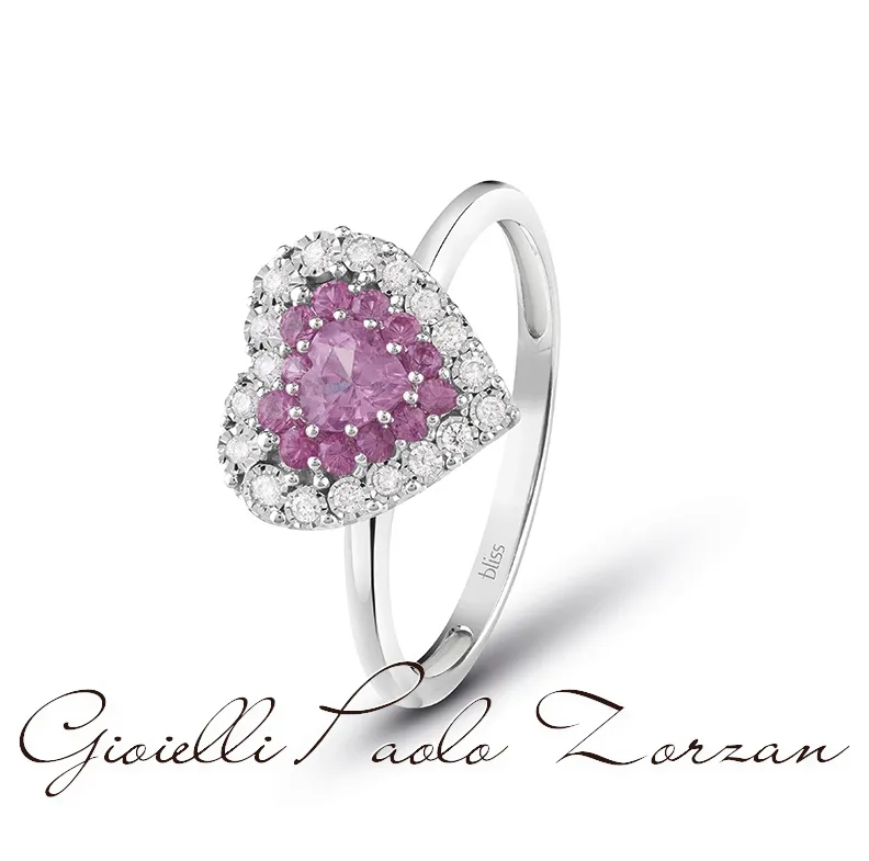 Anello Bliss a cuore in oro bianco diamanti e zaffiri rosa 20096603