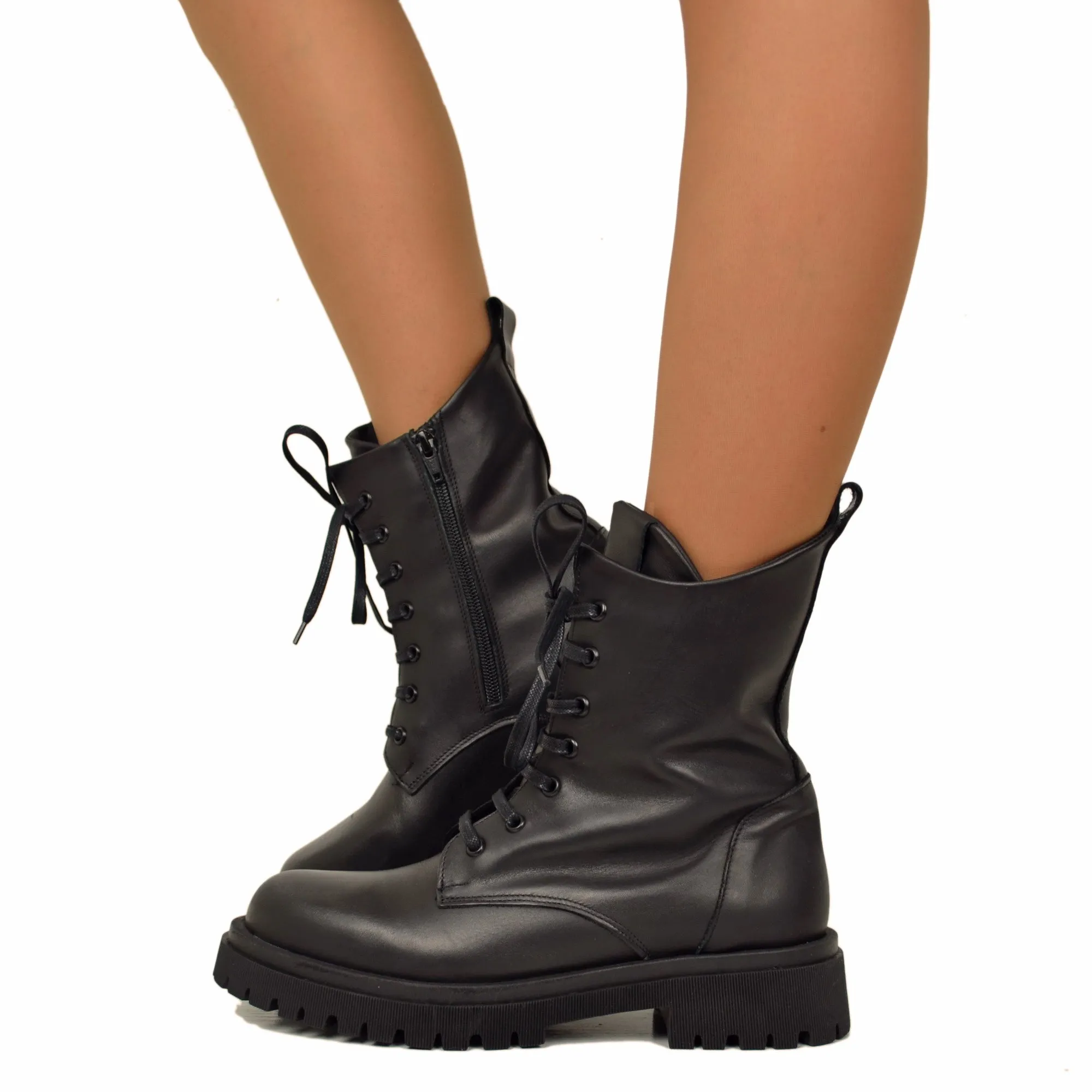 Biker Anfibi Stringati Total Black Vera Pelle Stivali con Lacci