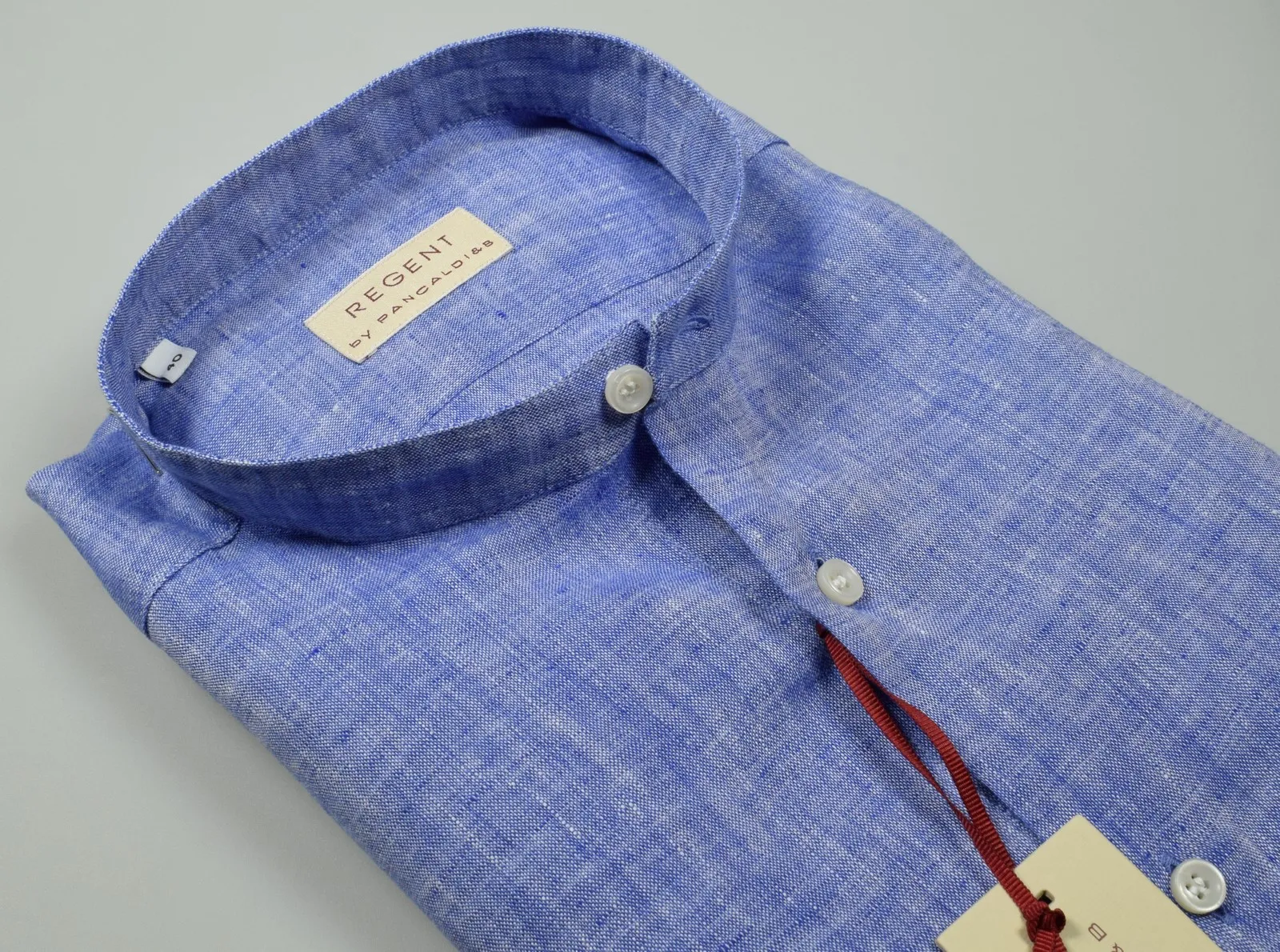 Blue shirt in pure linen pancaldi slim fit neck to korean