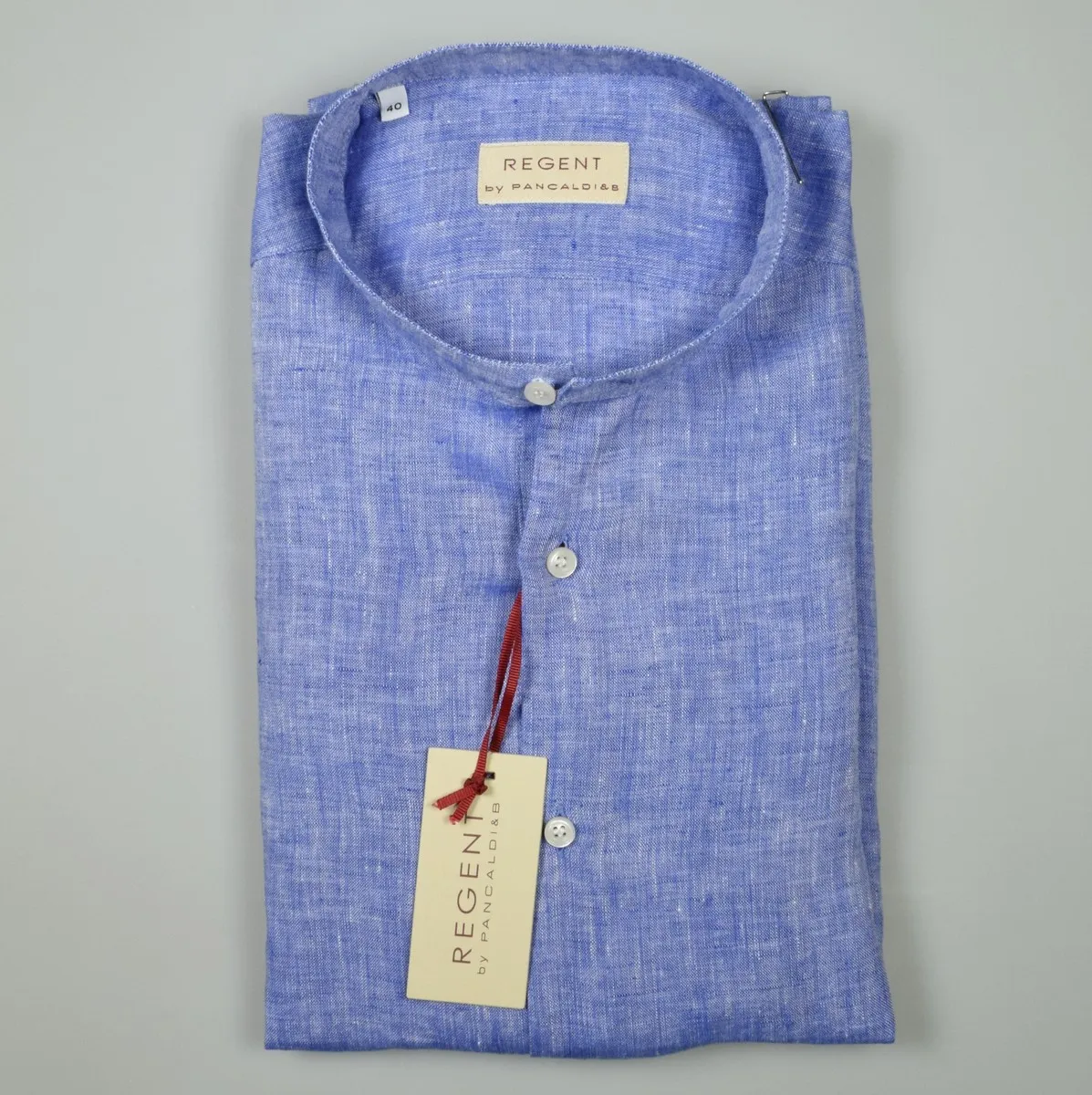 Blue shirt in pure linen pancaldi slim fit neck to korean