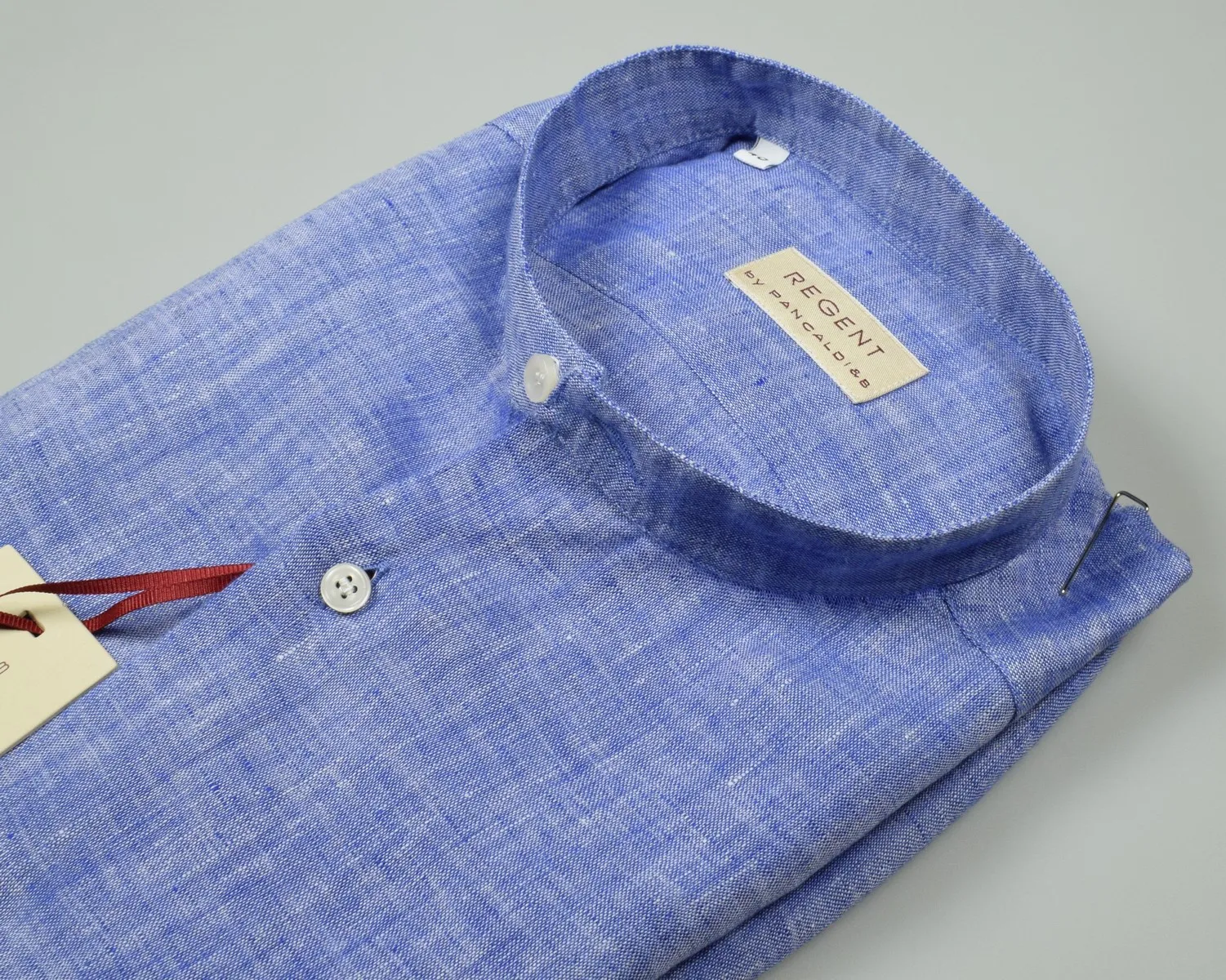 Blue shirt in pure linen pancaldi slim fit neck to korean
