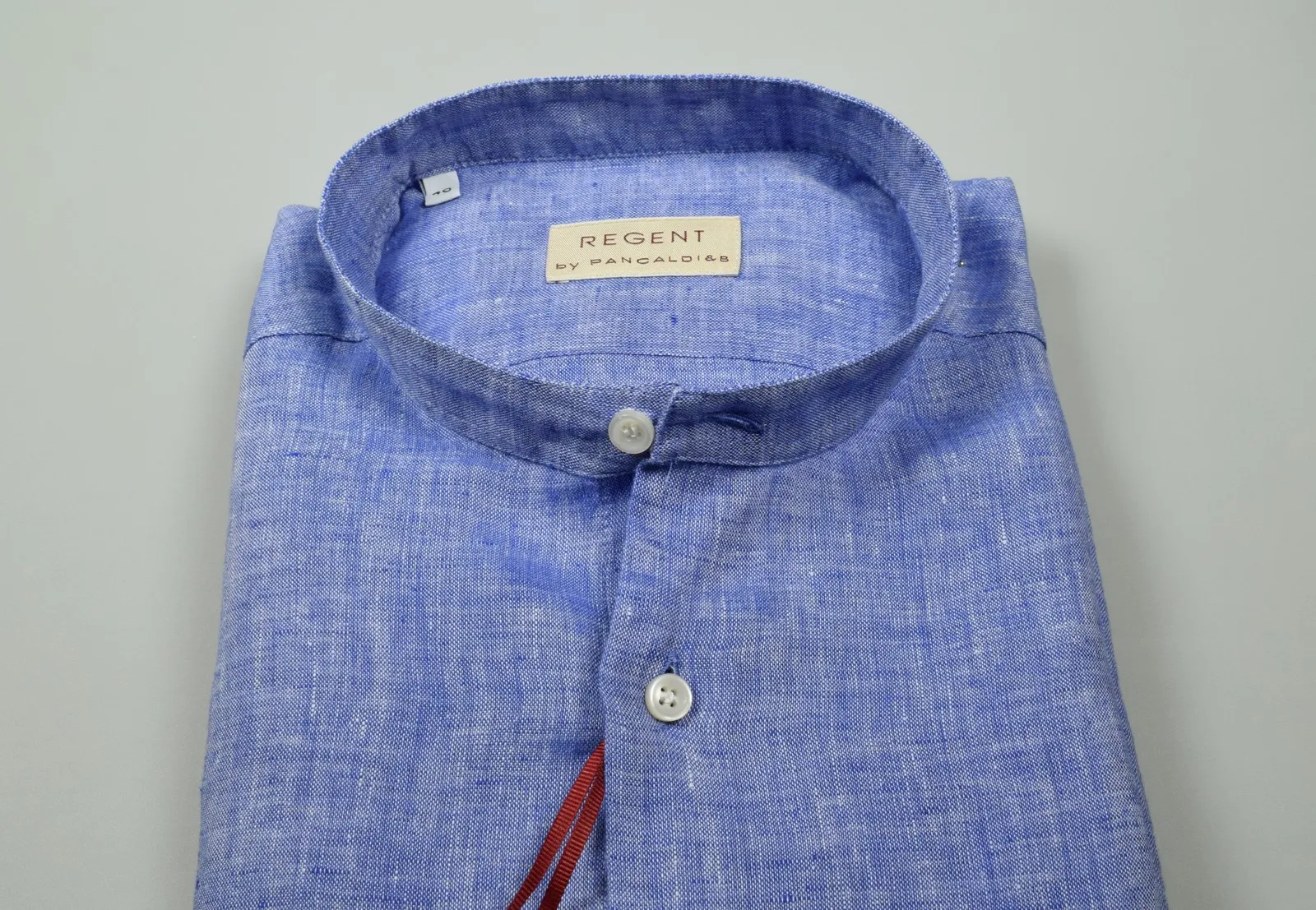 Blue shirt in pure linen pancaldi slim fit neck to korean