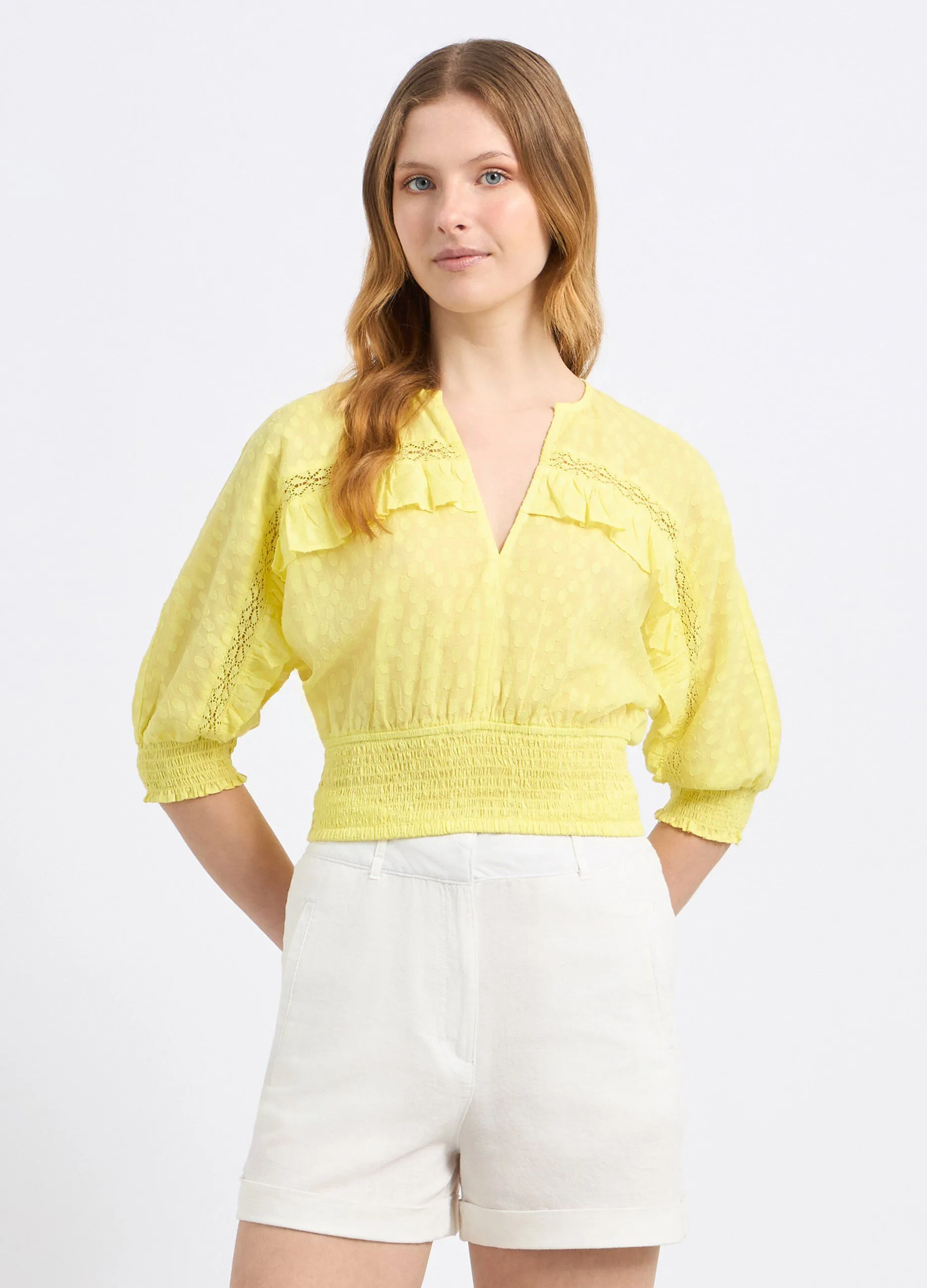 Blusa cropped in puro cotone con lavorazione jacquard donna