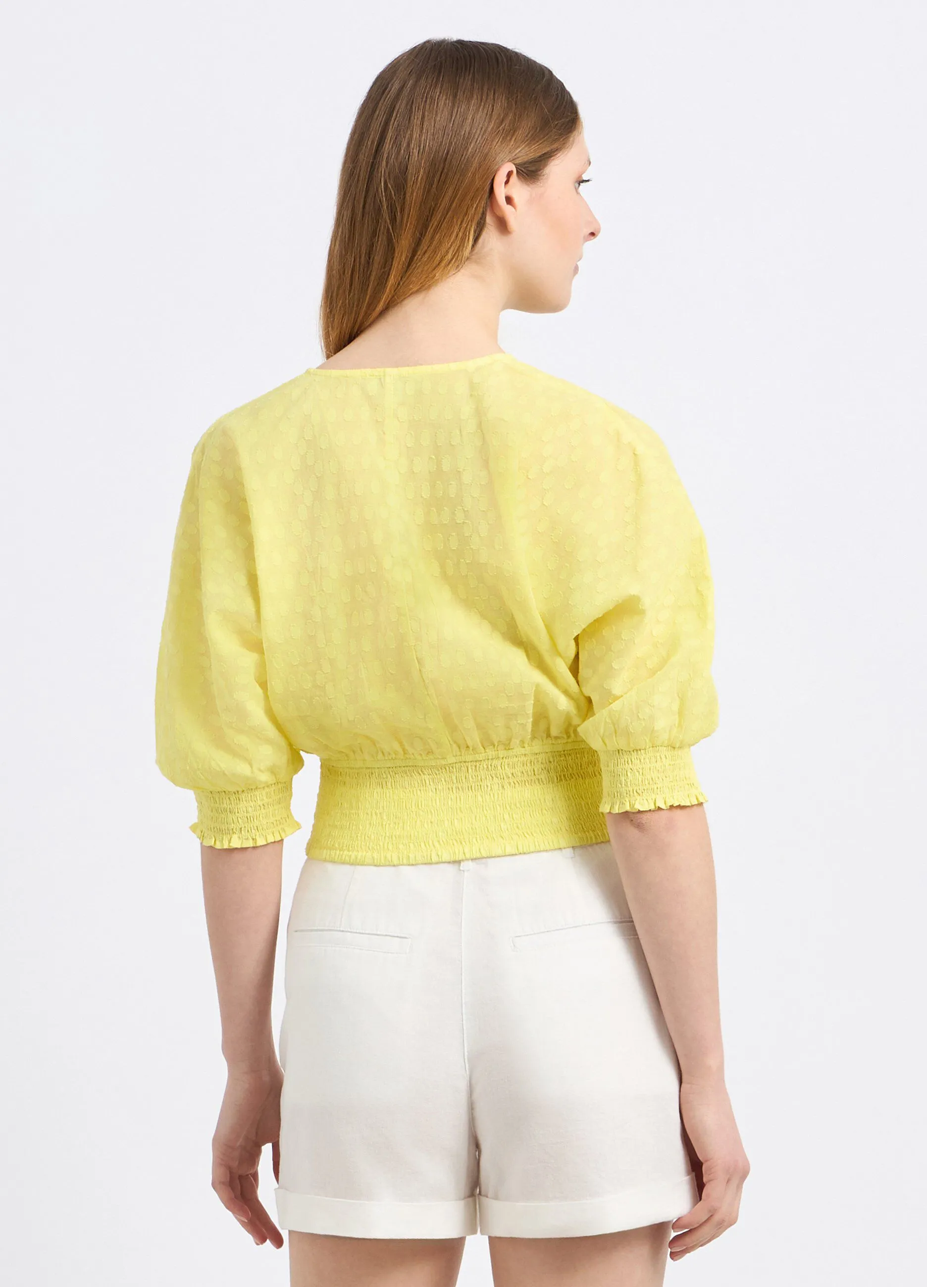 Blusa cropped in puro cotone con lavorazione jacquard donna