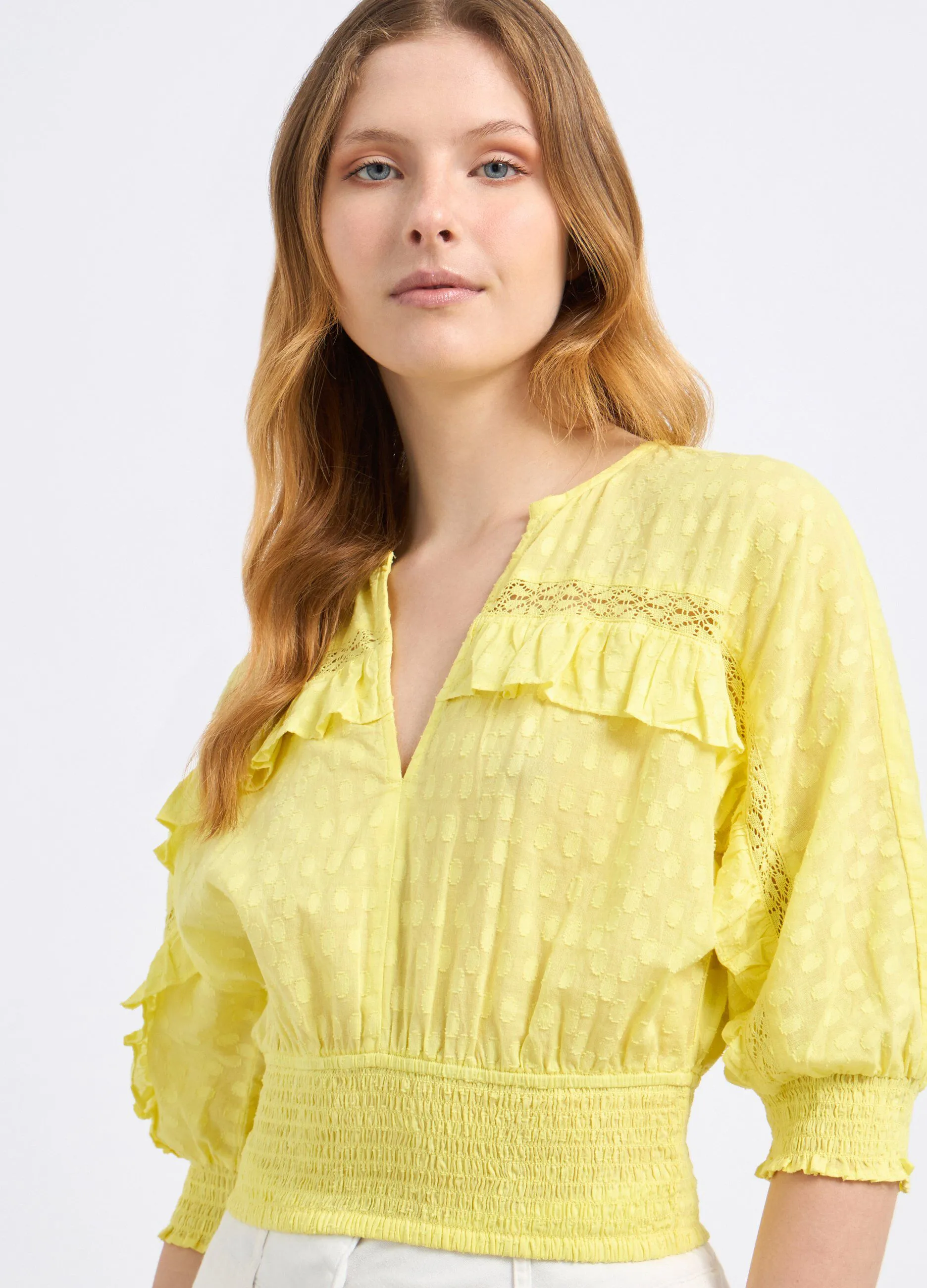 Blusa cropped in puro cotone con lavorazione jacquard donna