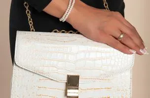 Borsa a mano stampa coccodrillo, bianco-oro