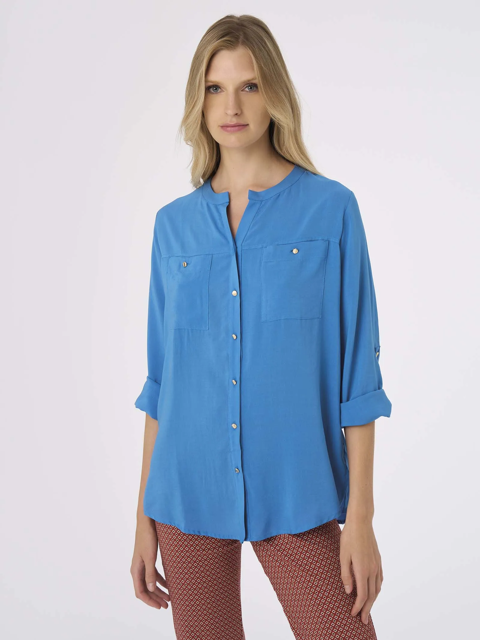 Camicia con collo alla coreana in mussola di EcoSeta - Bianco