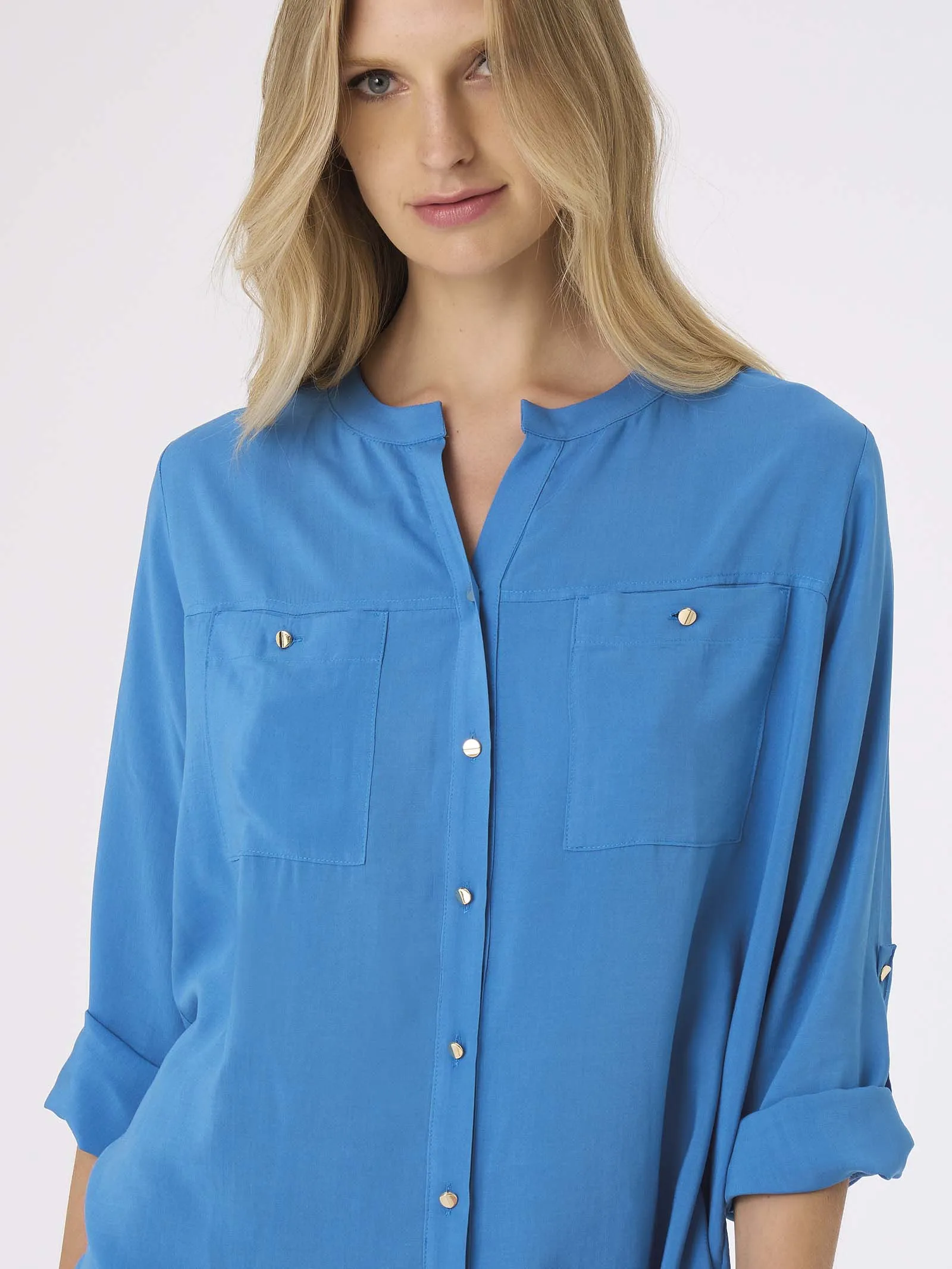 Camicia con collo alla coreana in mussola di EcoSeta - Bianco