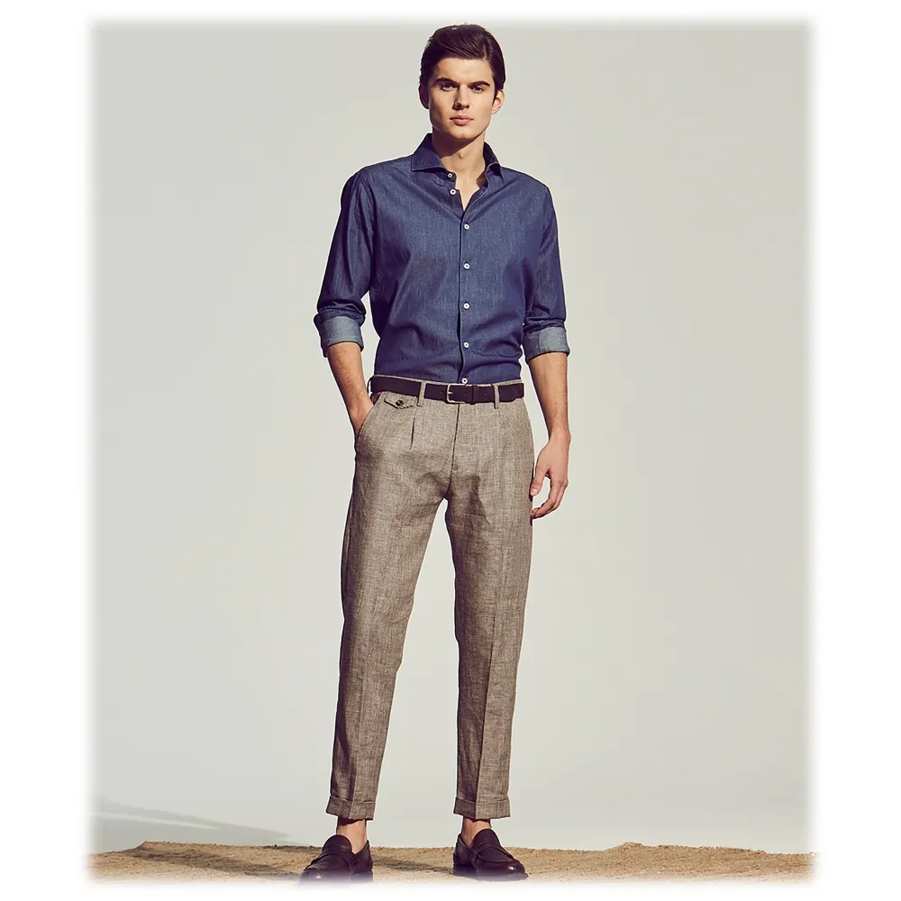 Cruna - Pantalone Raval in Lana e Lino - 557 - Avio - Handmade in Italy - Pantaloni di Alta Qualità Luxury