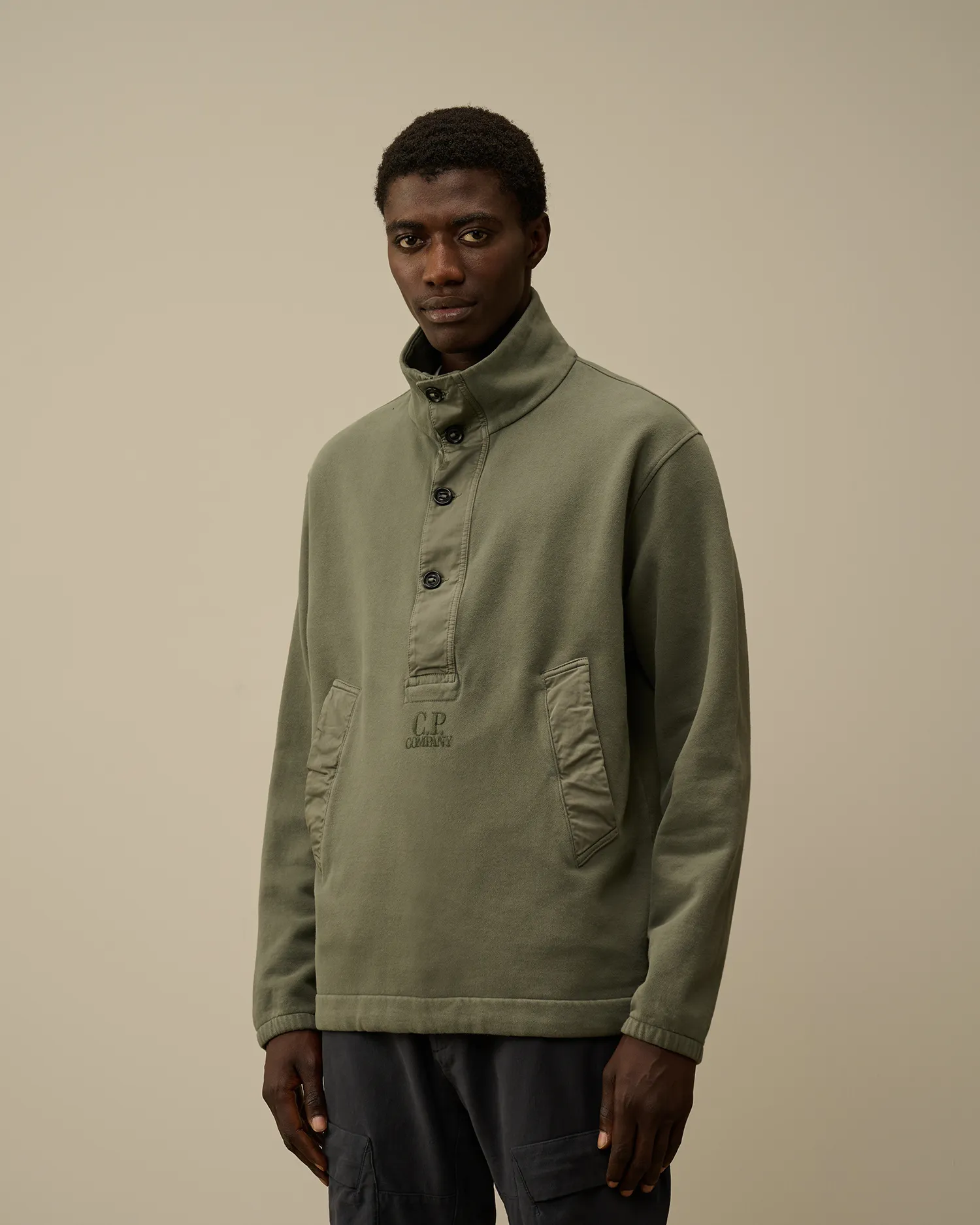 Diagonal Fleece Mixed Half Buttoned Sweatshirt