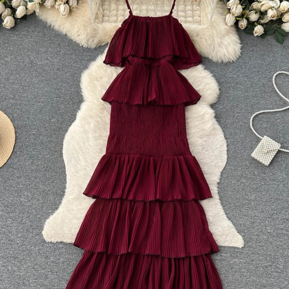 Donne di estate Ruffle Della Cinghia di Spaghetti Abito Lungo Slash Neck A File Maxi Robe Vacanza Al Mare Abiti di Chiffon Femmi