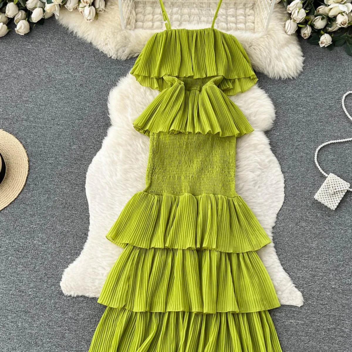 Donne di estate Ruffle Della Cinghia di Spaghetti Abito Lungo Slash Neck A File Maxi Robe Vacanza Al Mare Abiti di Chiffon Femmi