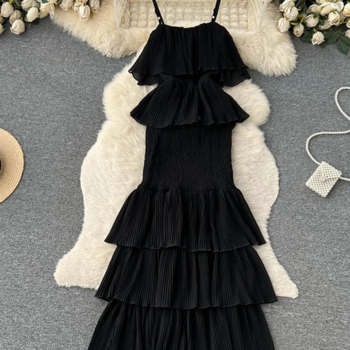 Donne di estate Ruffle Della Cinghia di Spaghetti Abito Lungo Slash Neck A File Maxi Robe Vacanza Al Mare Abiti di Chiffon Femmi