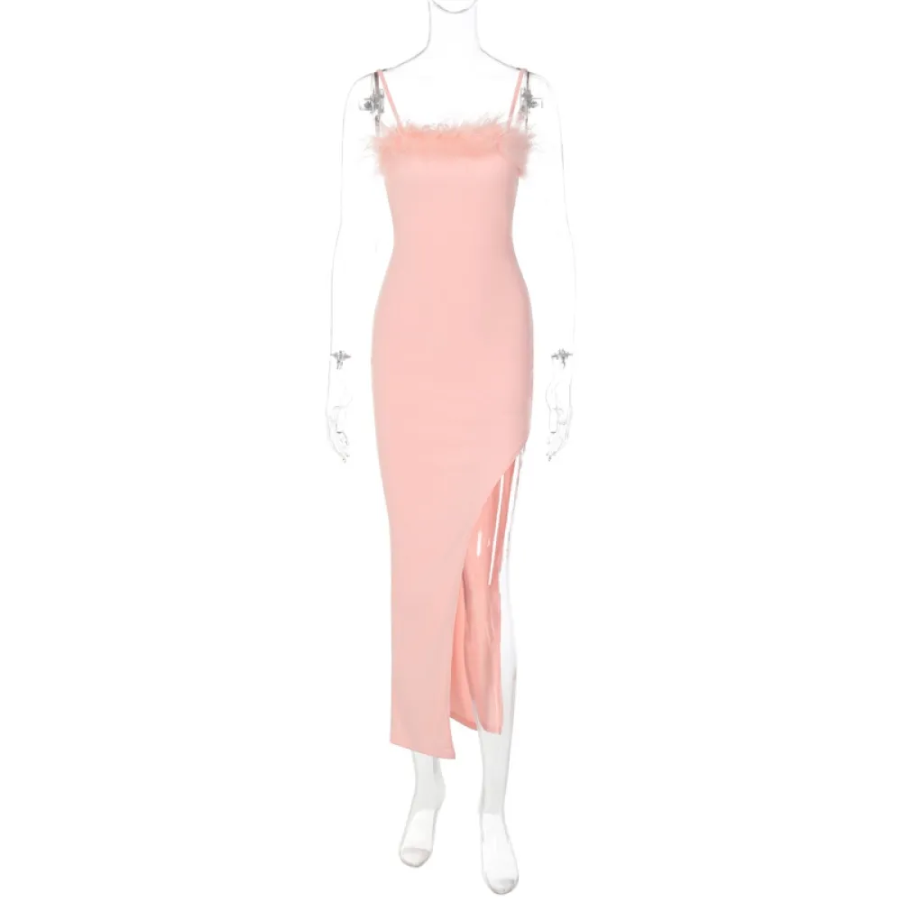 E la moda nuovo 2023 autunno Ins Style Furry monospalla sottile spacco abito con bretella per le donne