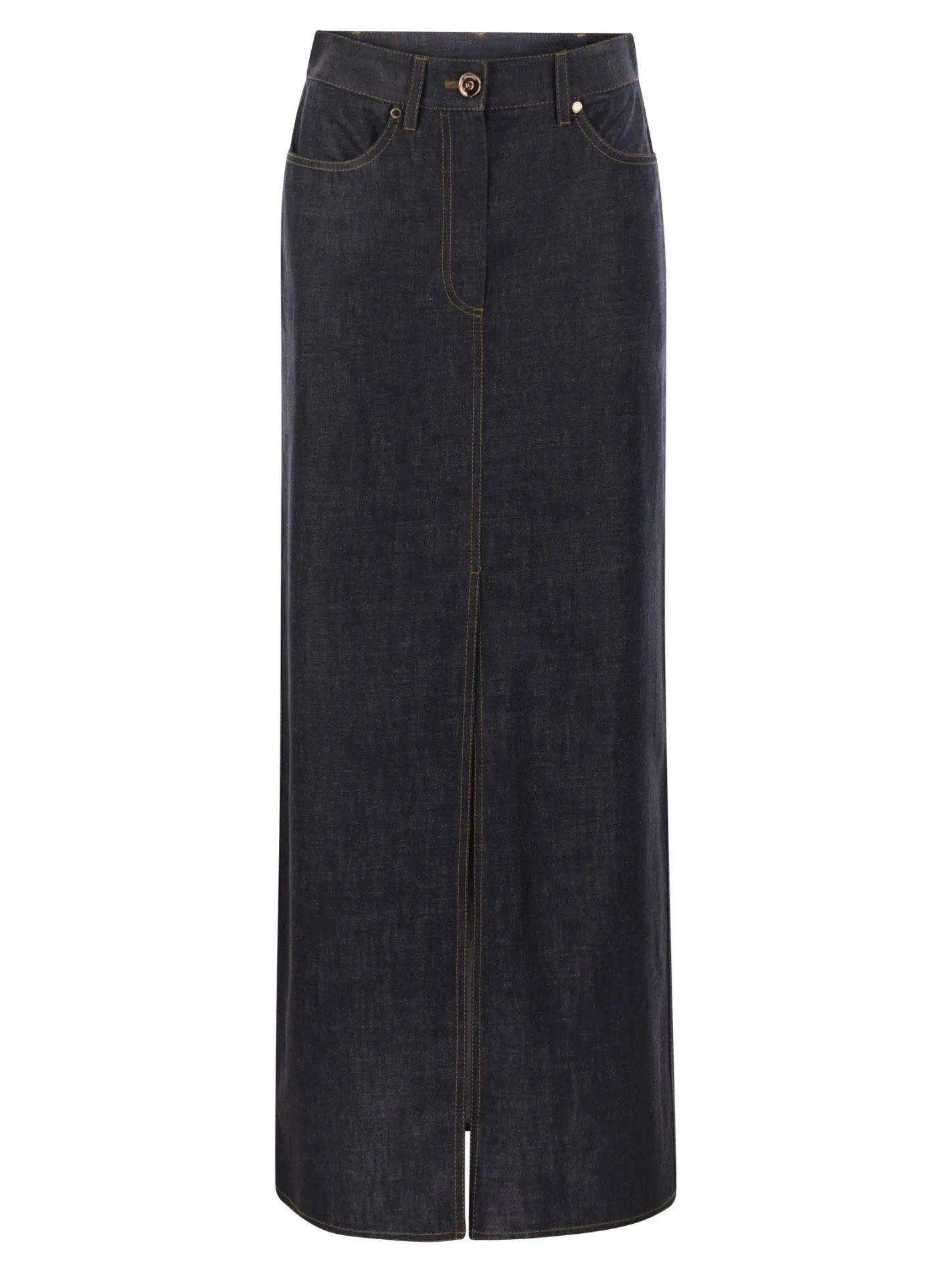 Gonna cinque tasche Long in denim leggero Wet-Effect con Shiny Tab