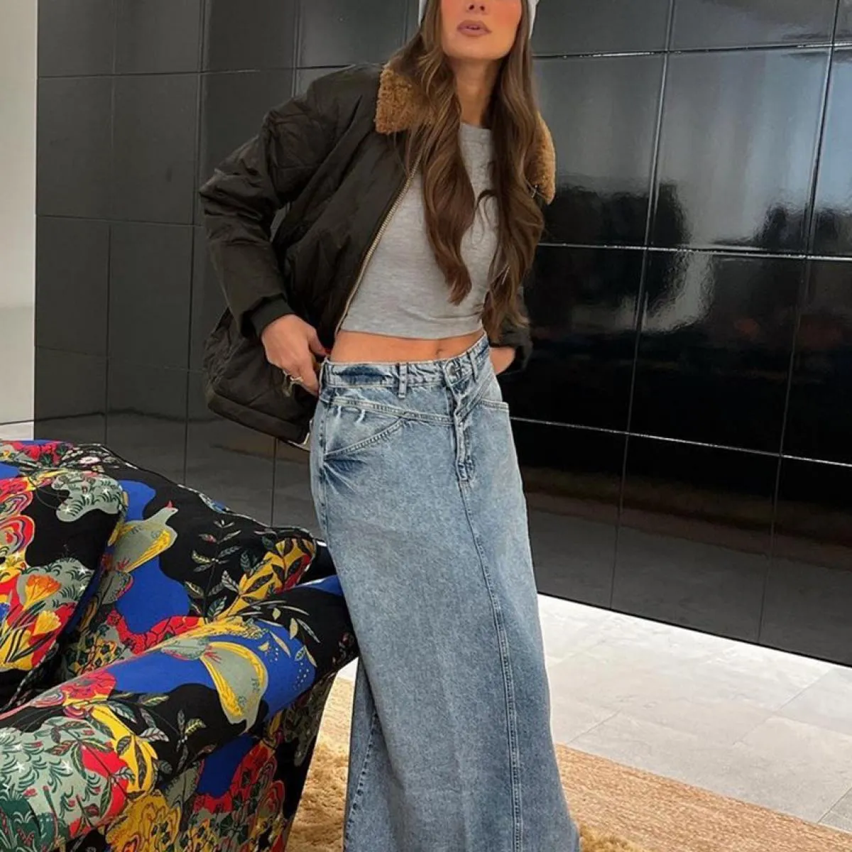 Gonne da donna Clacive Fashion Blue Office 2023 Gonna lunga elegante in denim a vita alta Gonna Saias allentata vintage Clo femm
