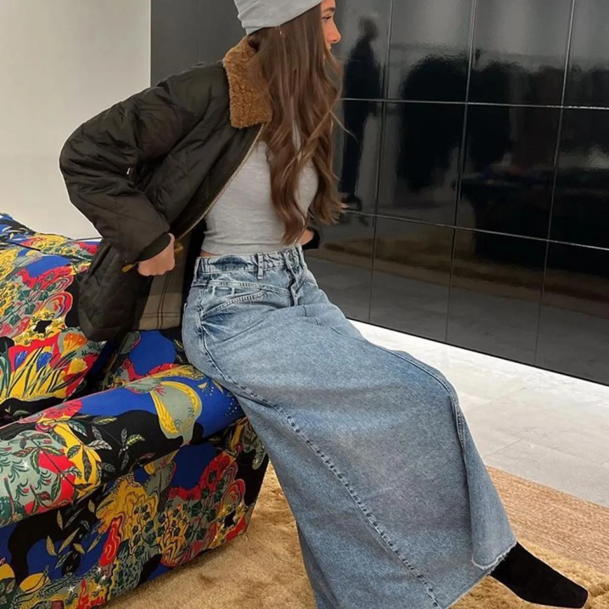 Gonne da donna Clacive Fashion Blue Office 2023 Gonna lunga elegante in denim a vita alta Gonna Saias allentata vintage Clo femm