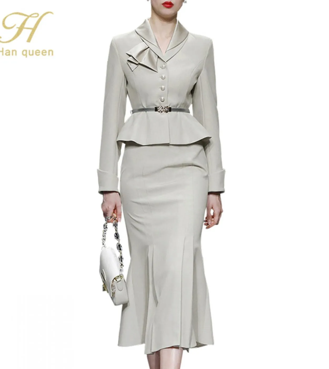 H Han Queen Nuove Donne 2022 Autunno Casual 2 Pezzi Set Monopetto Top Semplice Gonna a Sirena Professione Vestito di Gonna