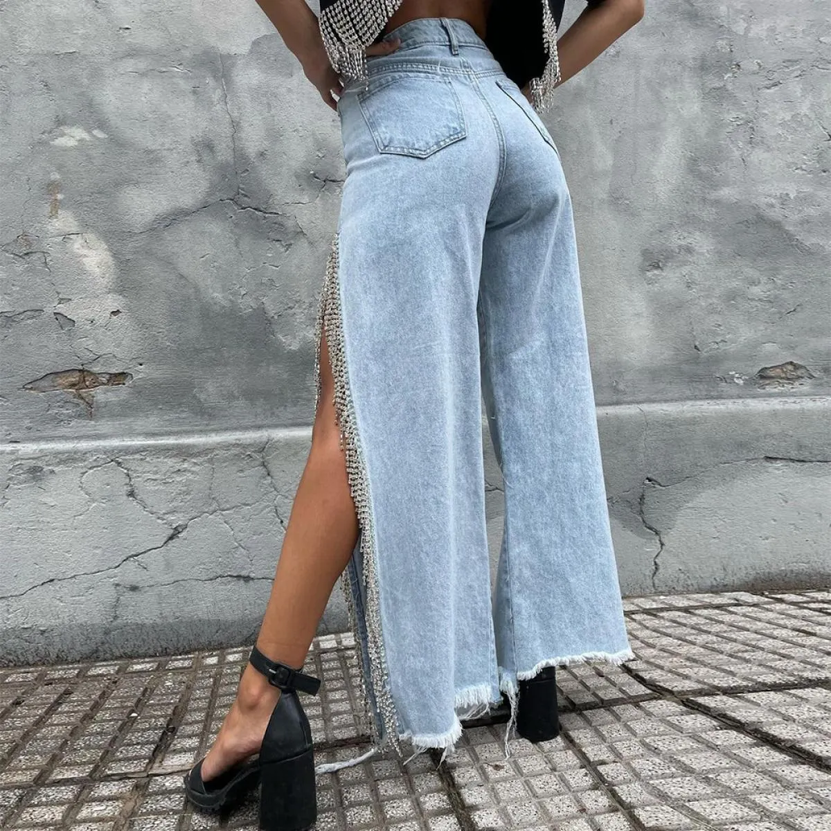 Jeans blu da donna  adesivo lucido allentato diamante moda pantaloni a gamba larga in denim a vita alta 2023 signore scava fu