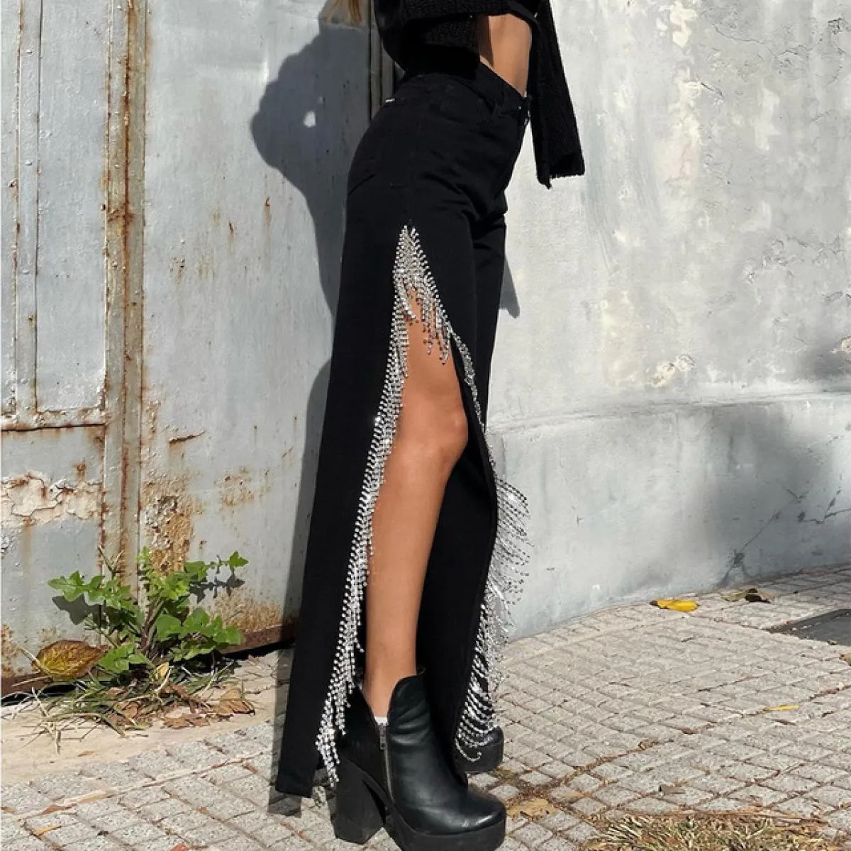 Jeans blu da donna  adesivo lucido allentato diamante moda pantaloni a gamba larga in denim a vita alta 2023 signore scava fu