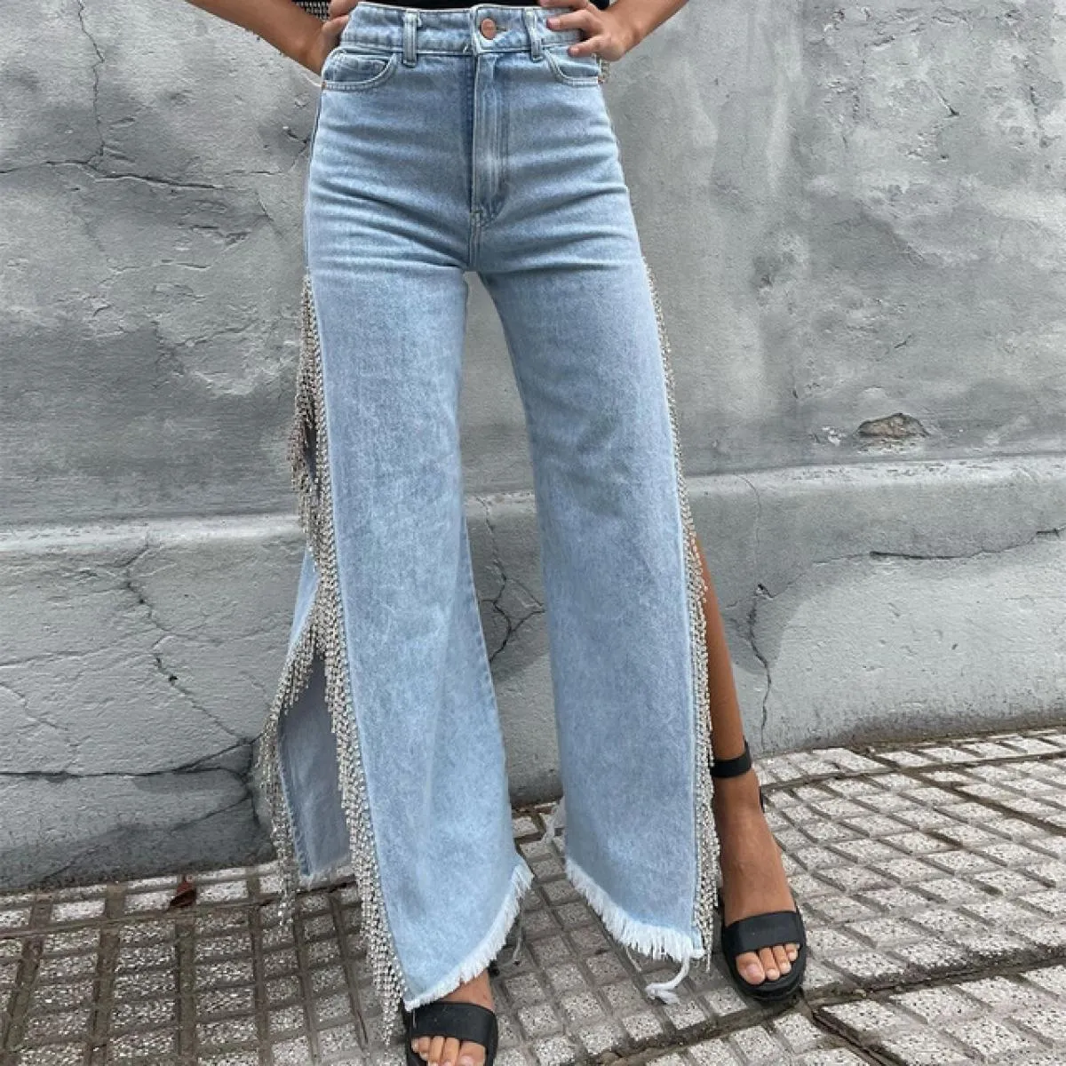 Jeans blu da donna  adesivo lucido allentato diamante moda pantaloni a gamba larga in denim a vita alta 2023 signore scava fu