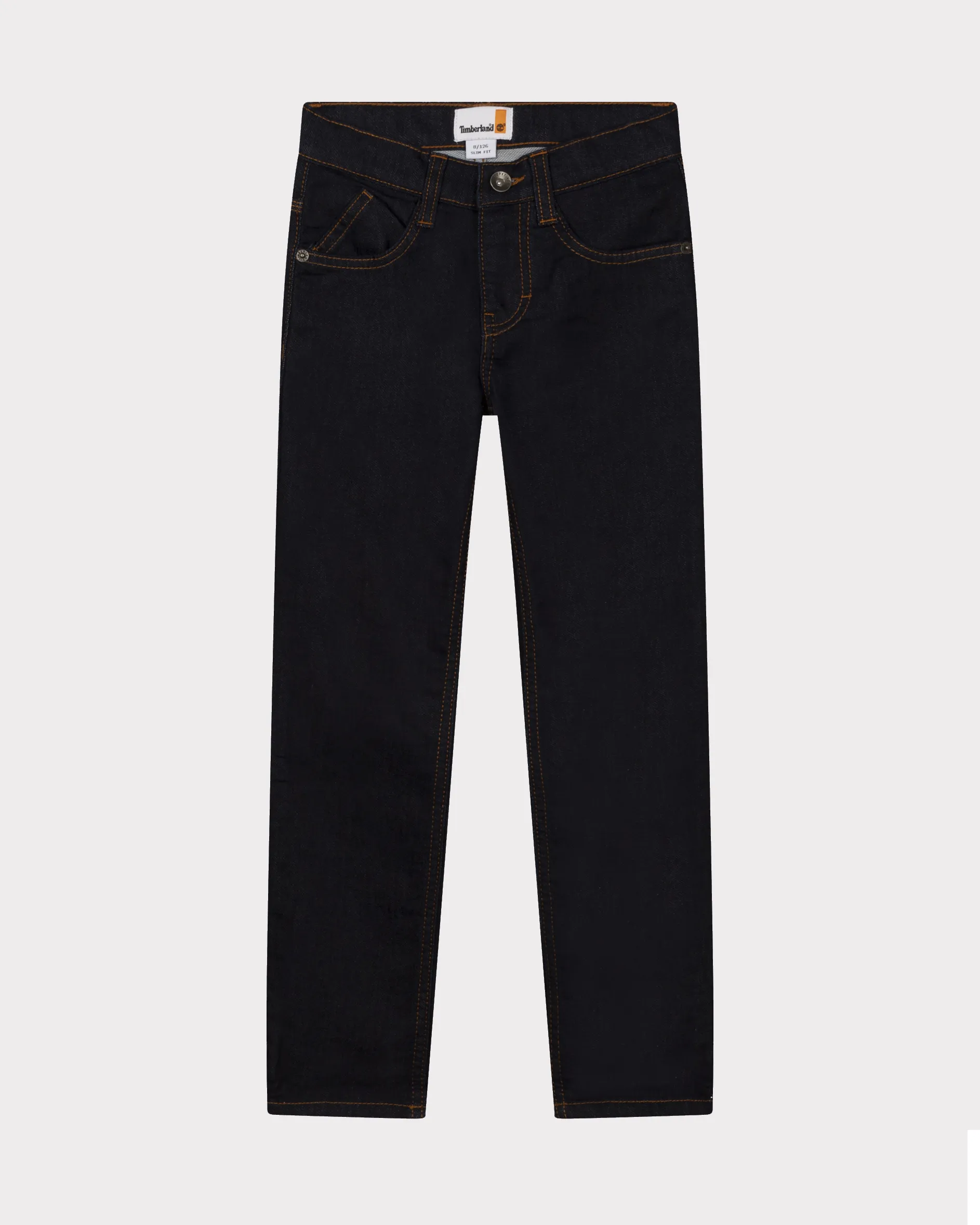 Jeans blu scuro in cotone stretch con impunture arancioni 6-12 anni