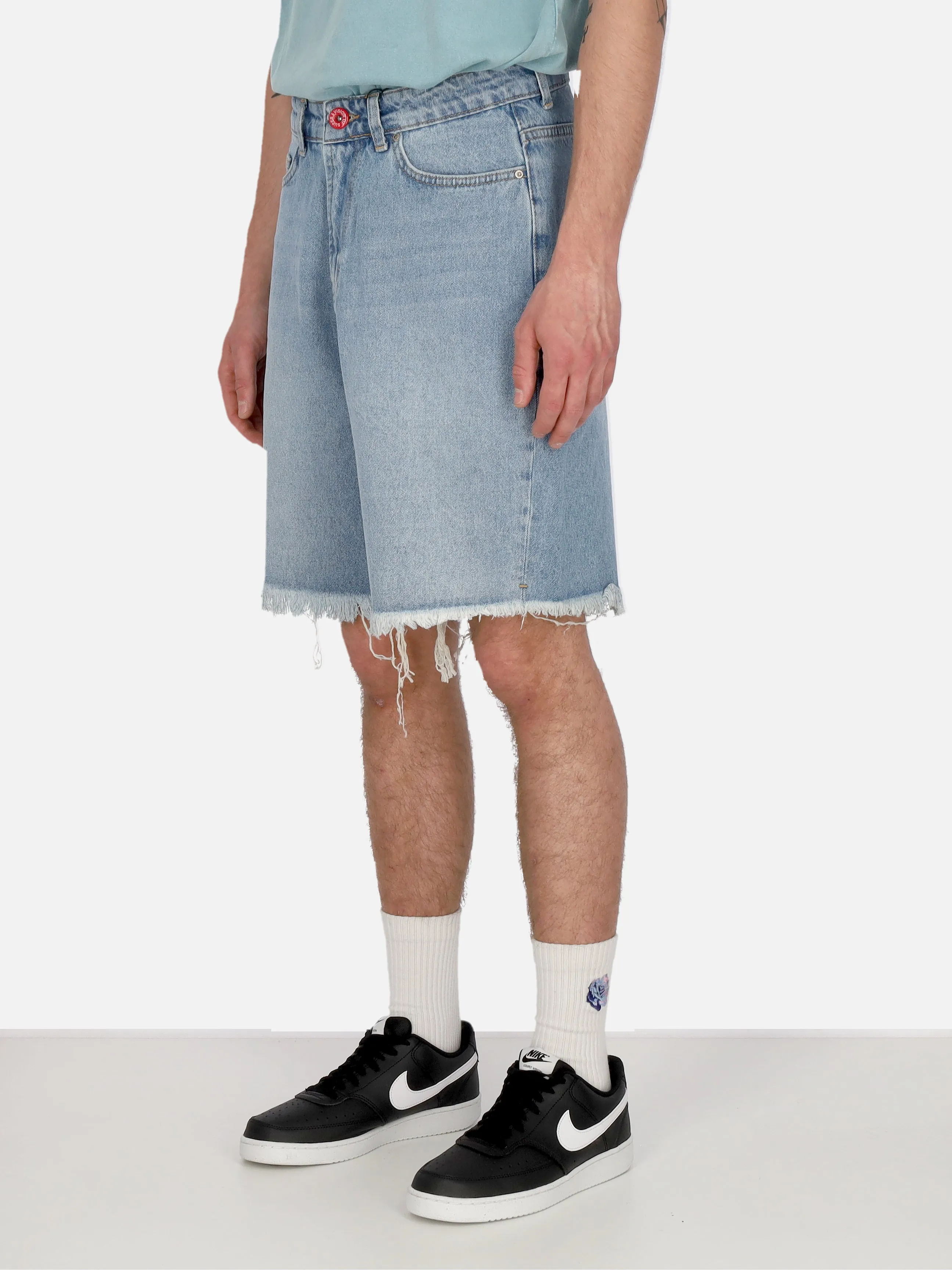 Jeans Corto Uomo Printed Logo and Flames Patch Shorts Blue Denim