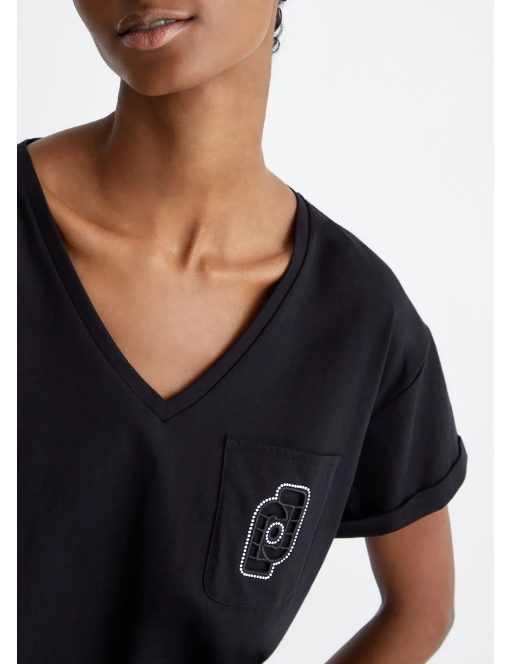 MA4323 N9389 T SHIRT DONNA LIU JO CON TASCHINO SCOLLO V MANICHE CORTE LOGO WOMAN