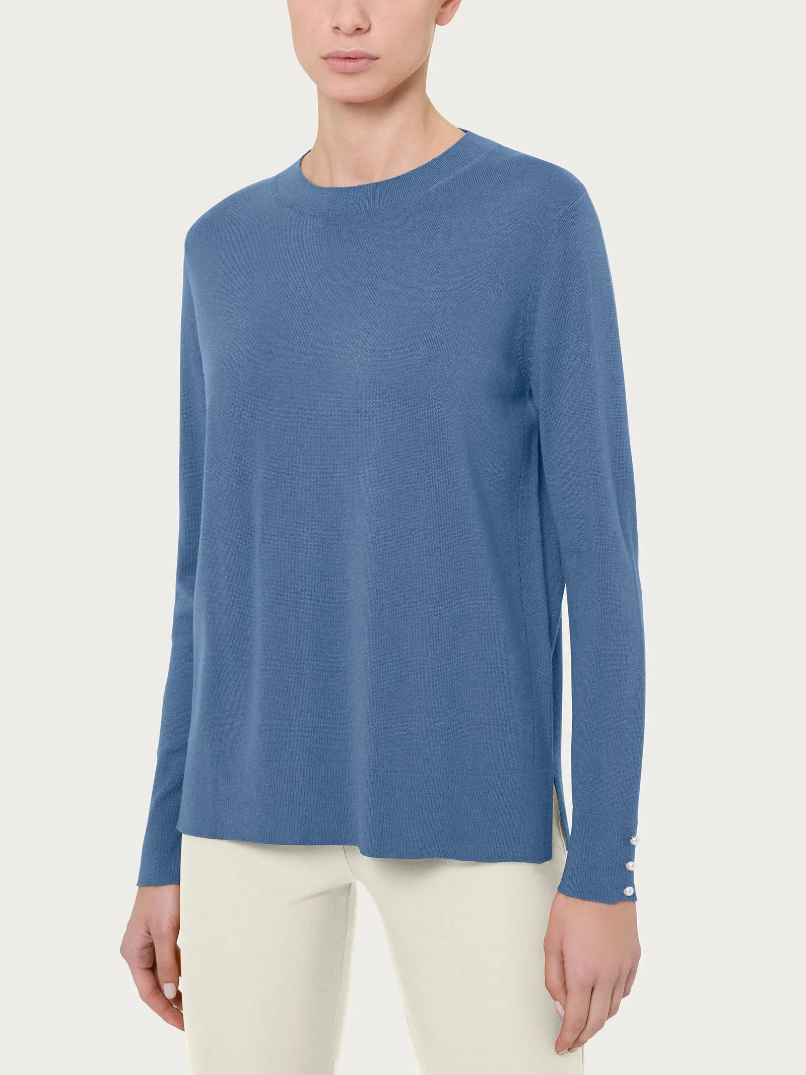 Maglia girocollo con perline in Merino Soft - Colony Blue