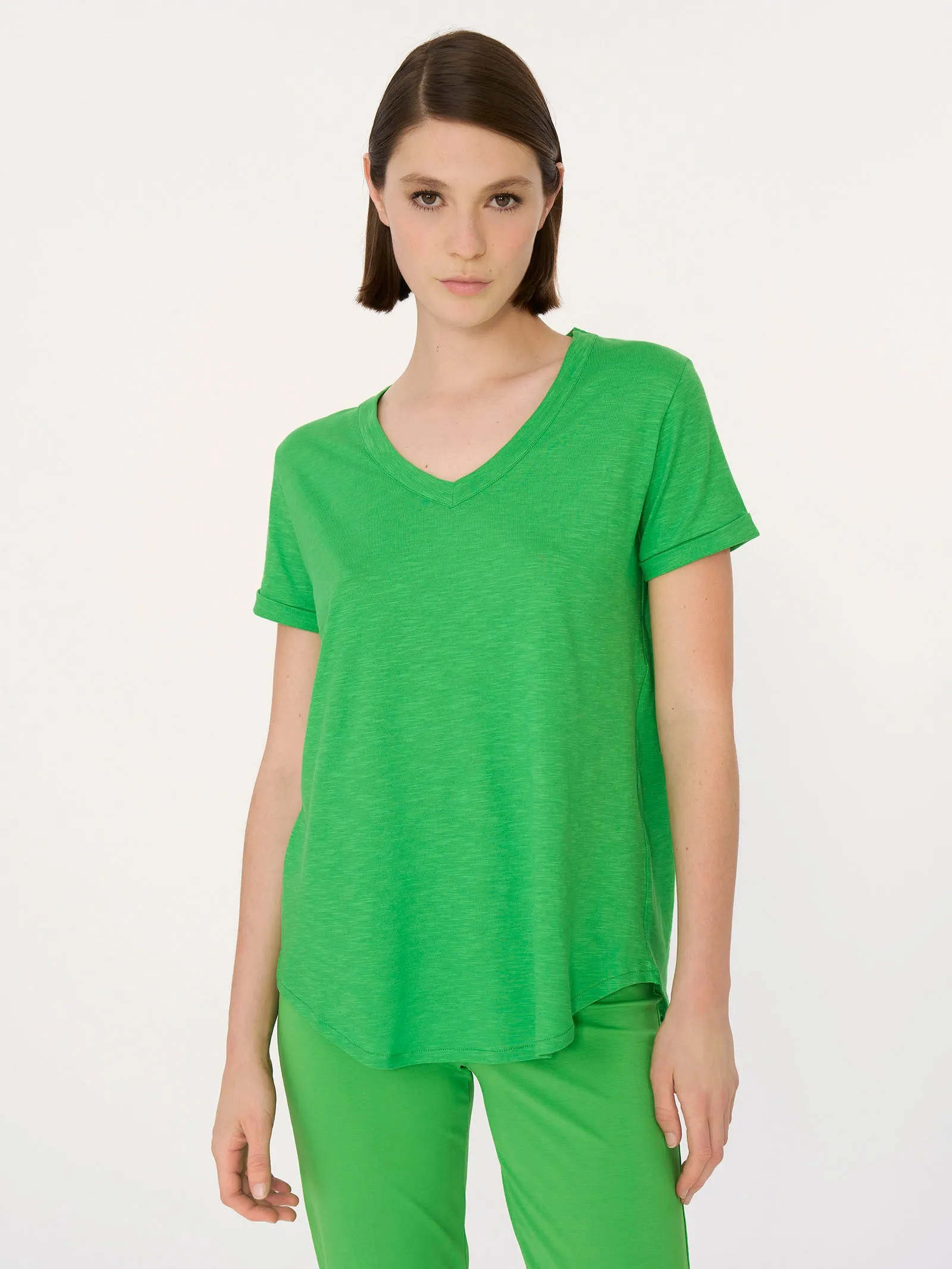 Maglietta con Scollo a V in slub jersey di cotone - Blueberry