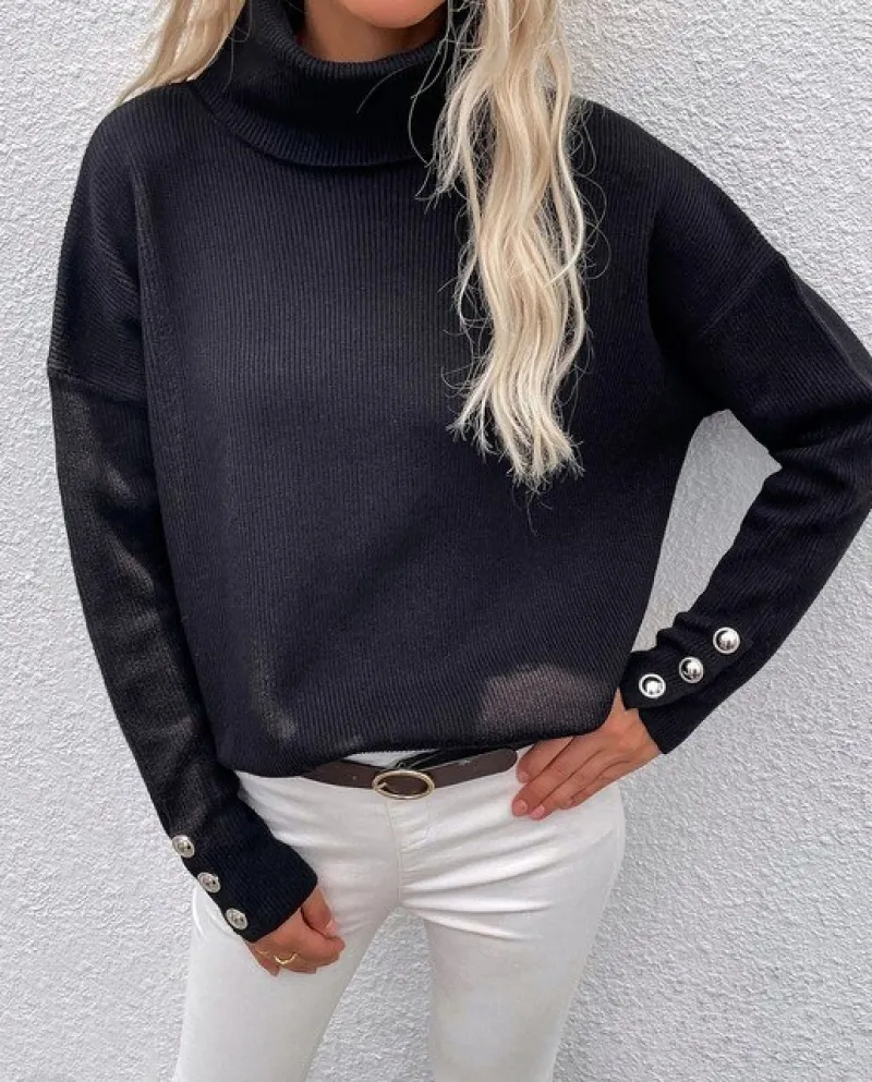 Maglione da donna con collo alto invernale Pullover con polsini Pullover con bottoni in tinta unita Maglione casual Autunno Inve