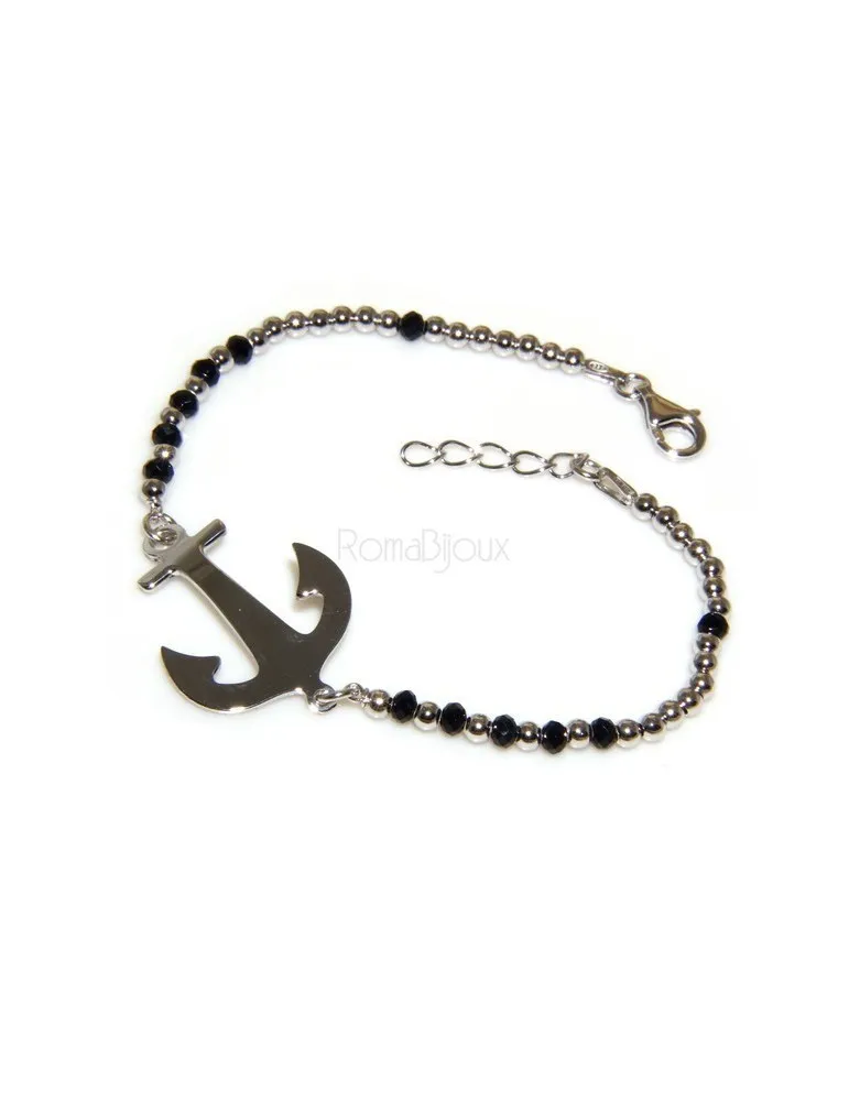 NALBORI nautica bracciale uomo Argento 925 palline e cristallo nero con ancora