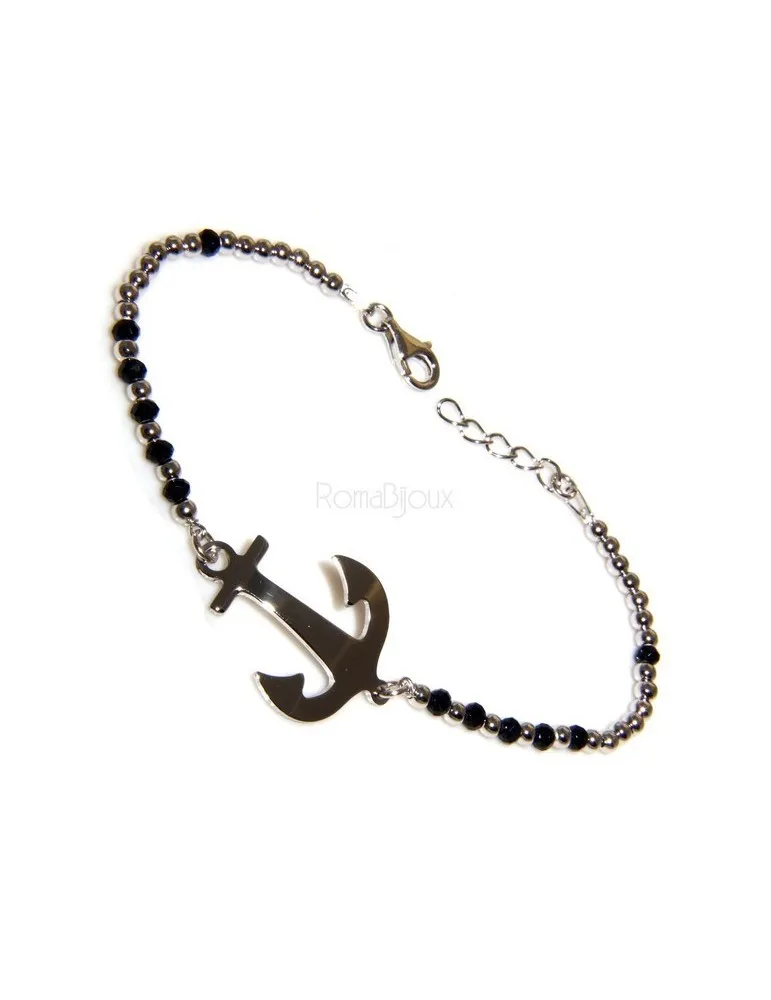 NALBORI nautica bracciale uomo Argento 925 palline e cristallo nero con ancora