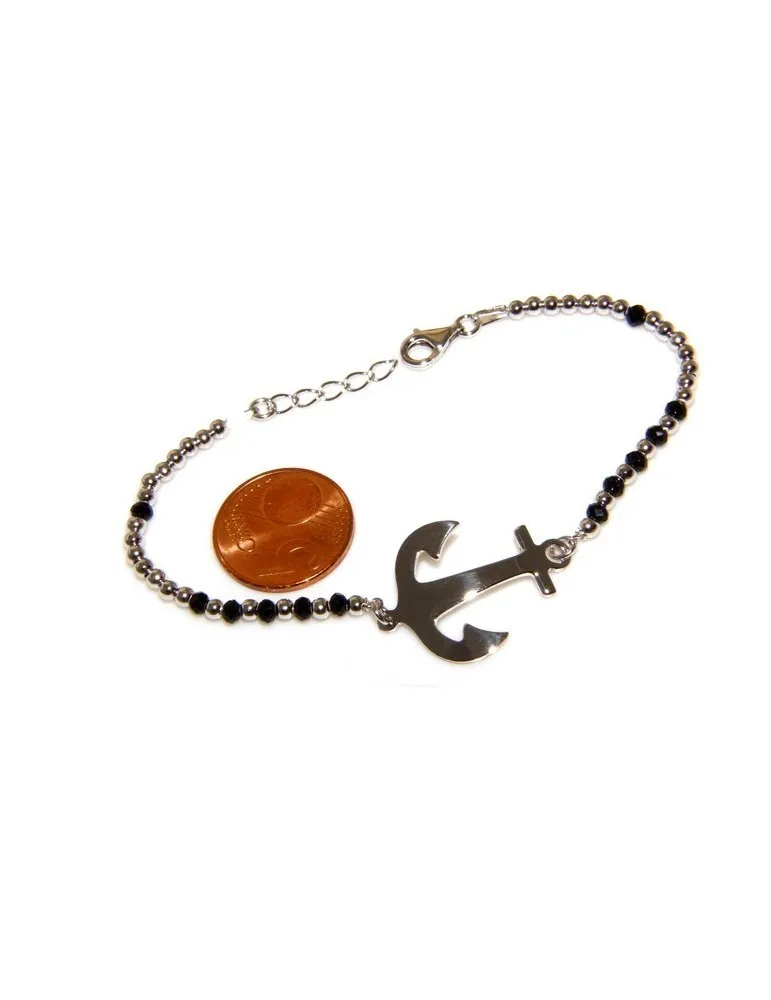 NALBORI nautica bracciale uomo Argento 925 palline e cristallo nero con ancora