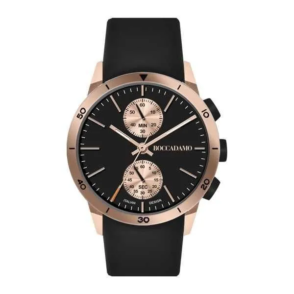 Orologio crono con quadrante nero, cassa rosata e cinturino nero    