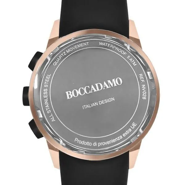 Orologio crono con quadrante nero, cassa rosata e cinturino nero    