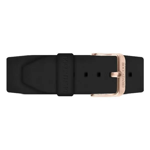 Orologio crono con quadrante nero, cassa rosata e cinturino nero    