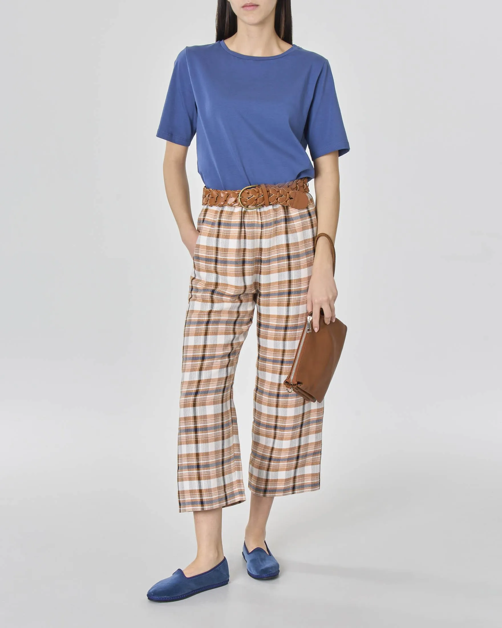 Pantalone cropped ampio in misto viscosa e lino a fantasia check arancione e grigio