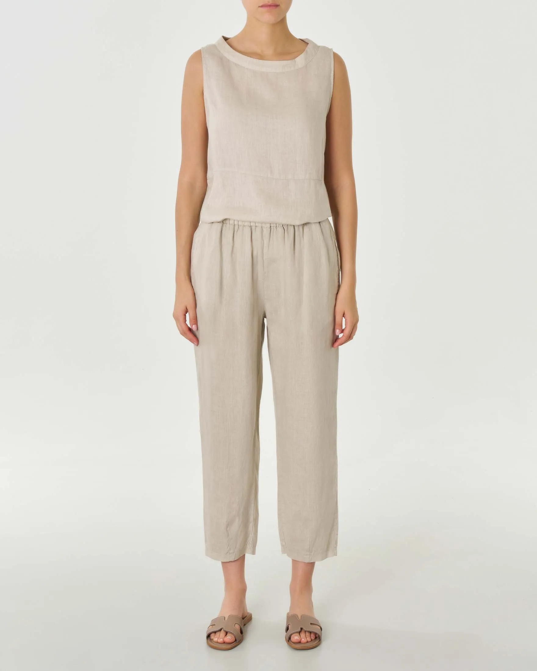 Pantaloni beige in lino a gamba dritta dal taglio cropped con coulisse interna