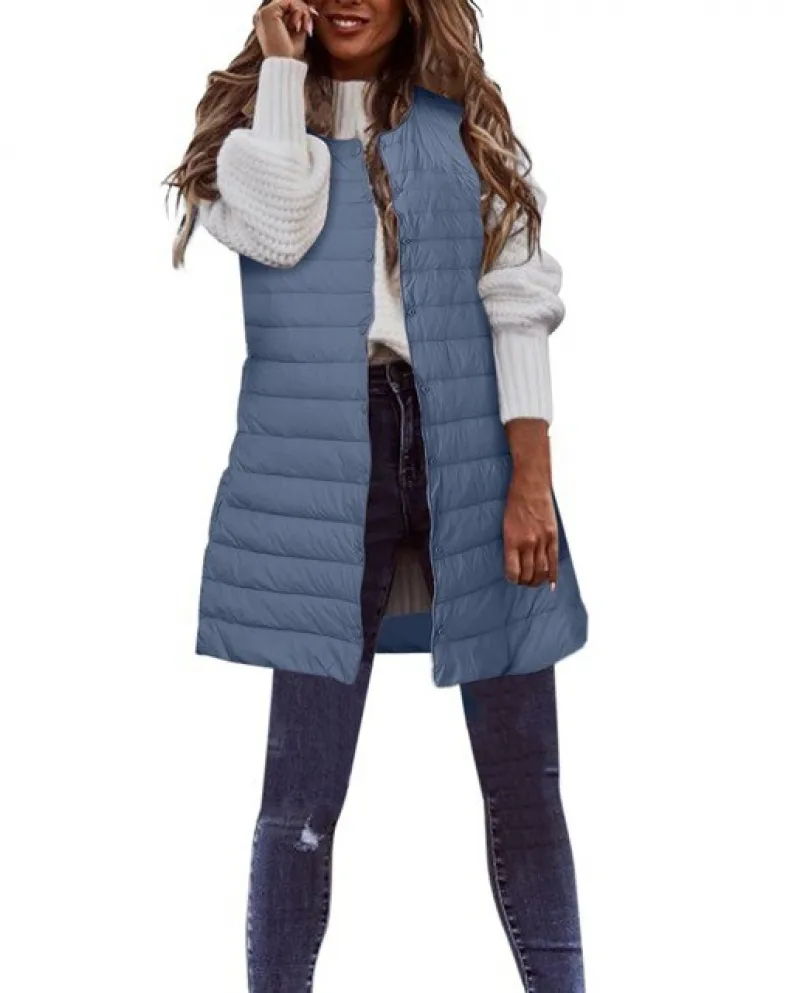 Piumino invernale ultraleggero da donna senza maniche Gilet caldo Gilet in piumino Capispalla per donna Stile lungo Do