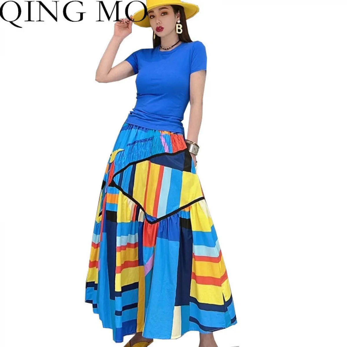 Qing Mo 2023 Estate La nuova moda donna gonna di grandi dimensioni per il tempo libero gonna in cotone e lino colori a contrasto