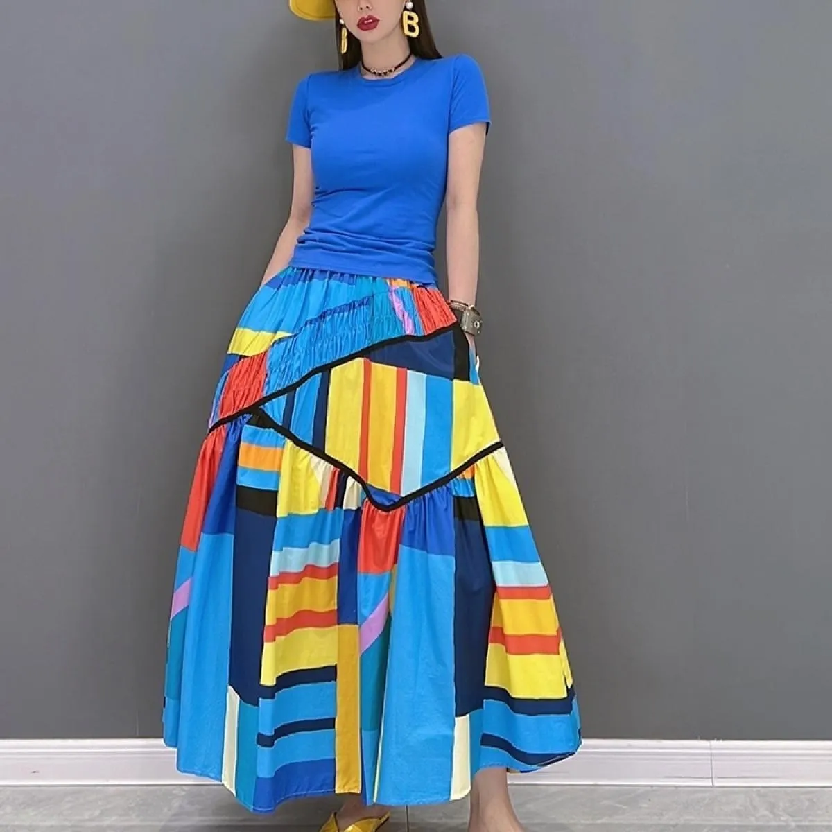 Qing Mo 2023 Estate La nuova moda donna gonna di grandi dimensioni per il tempo libero gonna in cotone e lino colori a contrasto