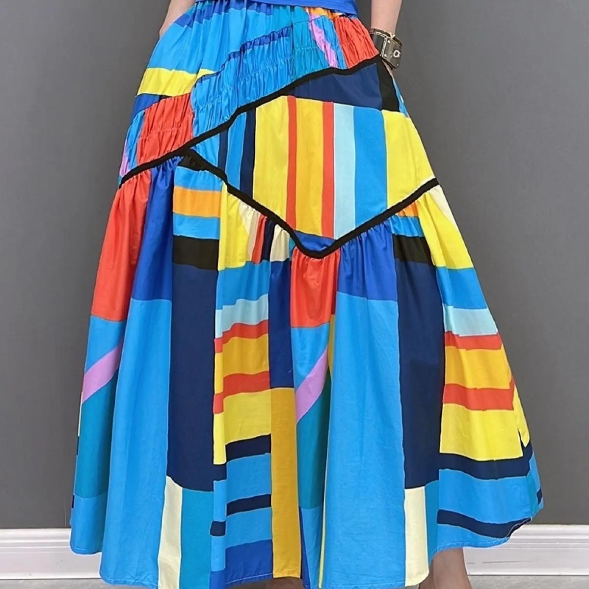 Qing Mo 2023 Estate La nuova moda donna gonna di grandi dimensioni per il tempo libero gonna in cotone e lino colori a contrasto
