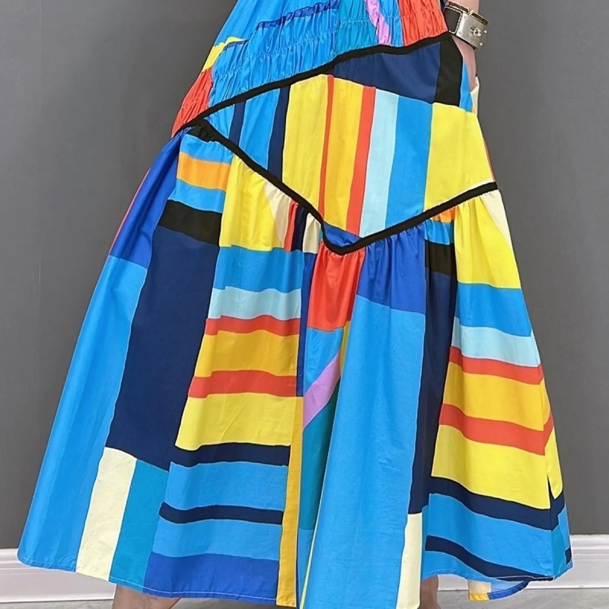 Qing Mo 2023 Estate La nuova moda donna gonna di grandi dimensioni per il tempo libero gonna in cotone e lino colori a contrasto