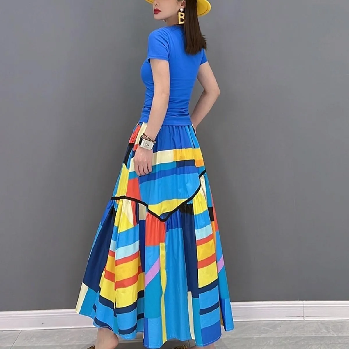 Qing Mo 2023 Estate La nuova moda donna gonna di grandi dimensioni per il tempo libero gonna in cotone e lino colori a contrasto