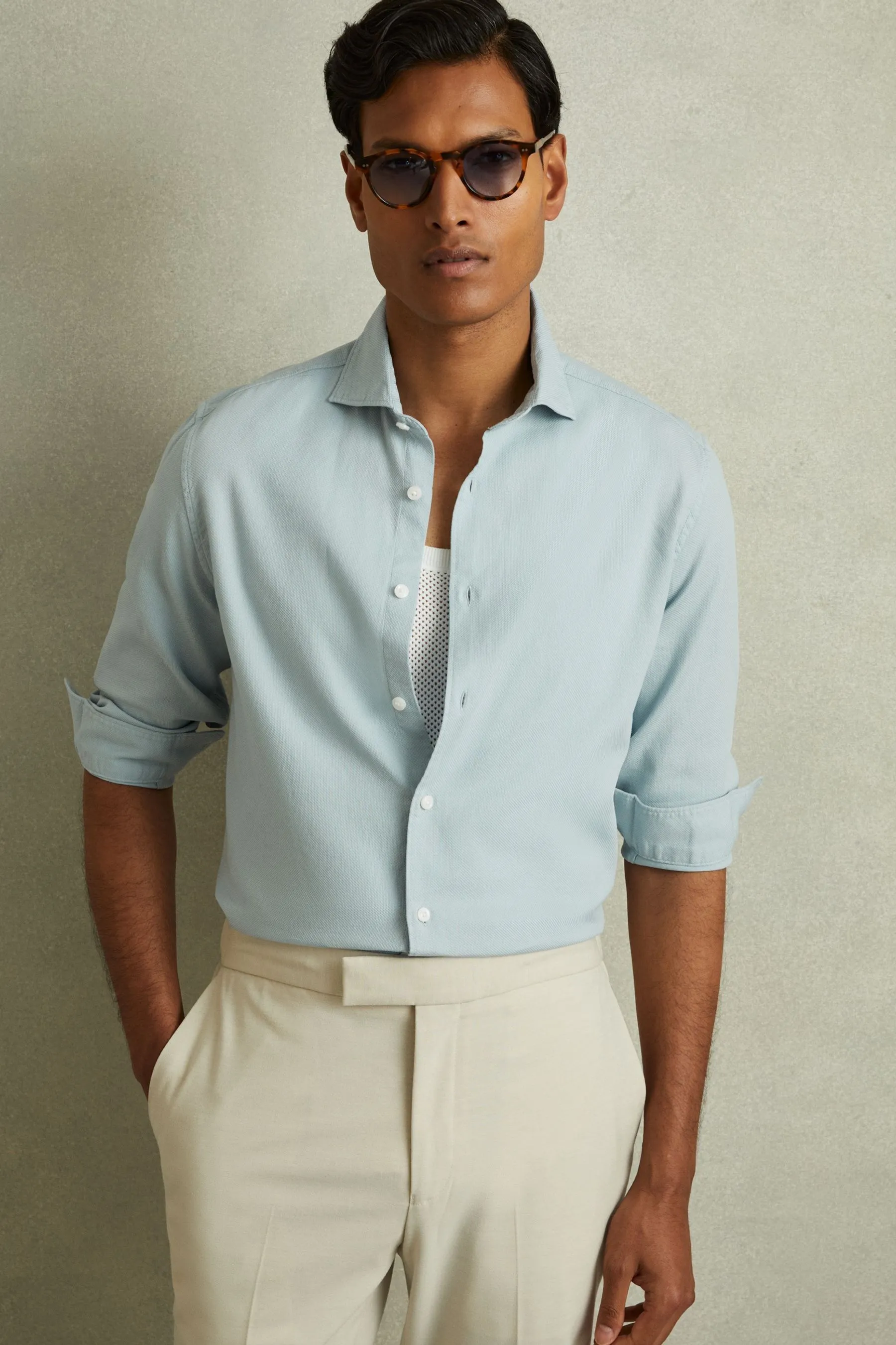Reiss Camicia Cecil Textured Bottone passante tinta in capo    