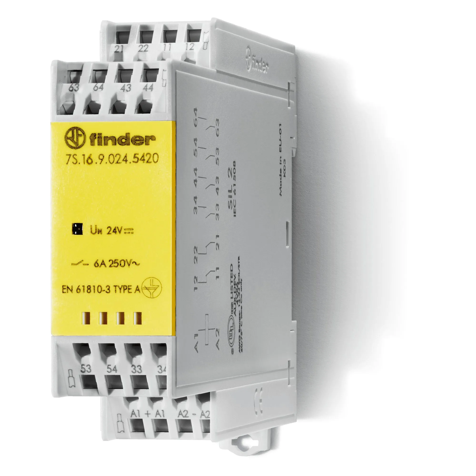 Relè senza blocco con contatti guidati Finder, 4NA/2NC, bobina 110V cc, Guida DIN
