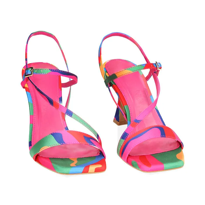 Sandali multicolor-verdi in raso, tacco 7,5 cm