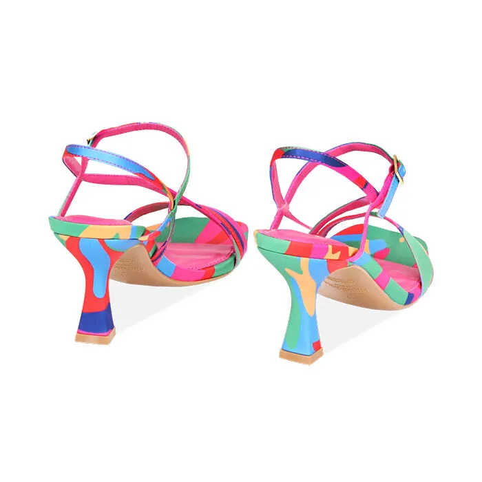 Sandali multicolor-verdi in raso, tacco 7,5 cm